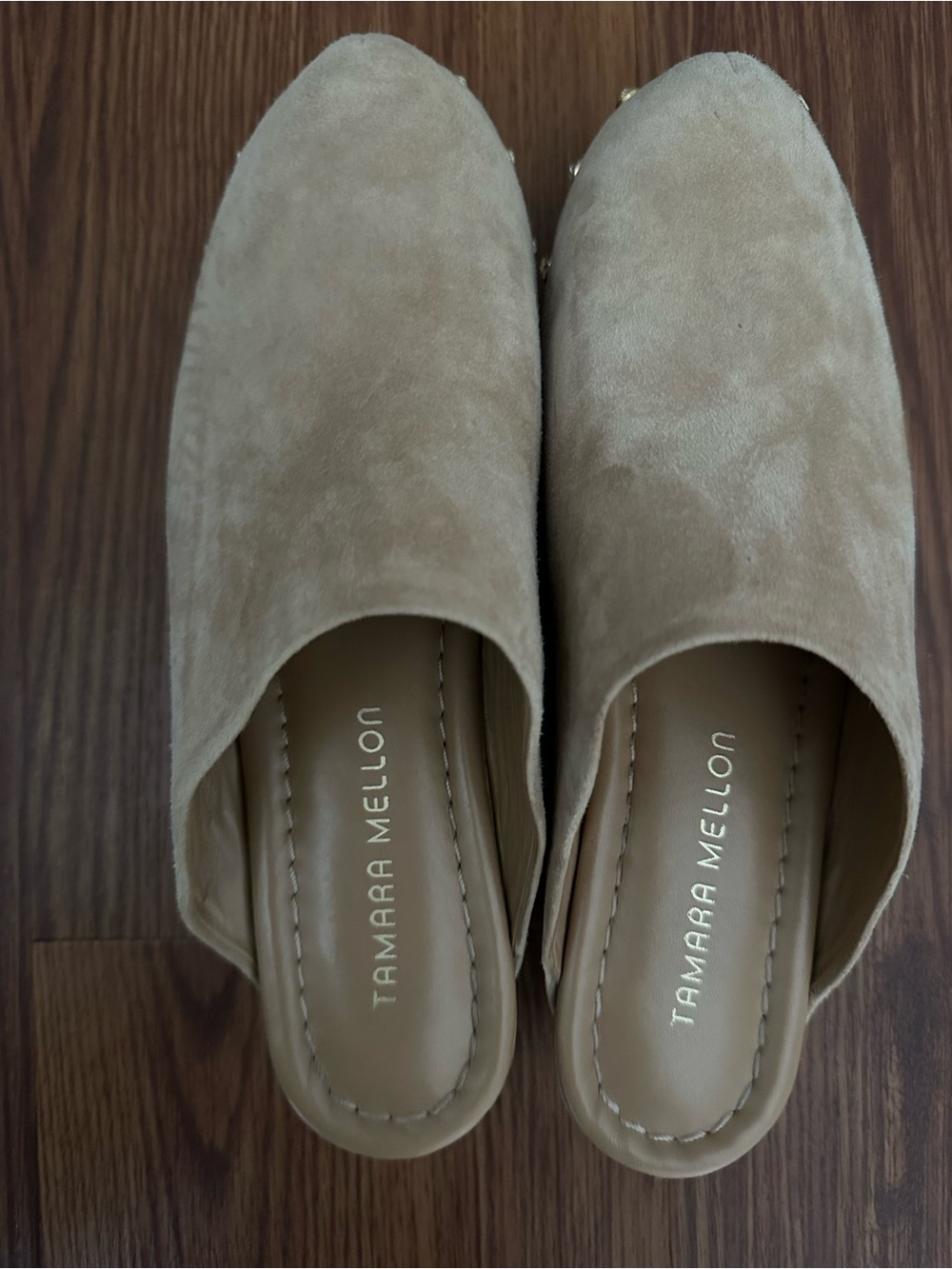 Tamara Mellon Beige Suede Slip-On Mules